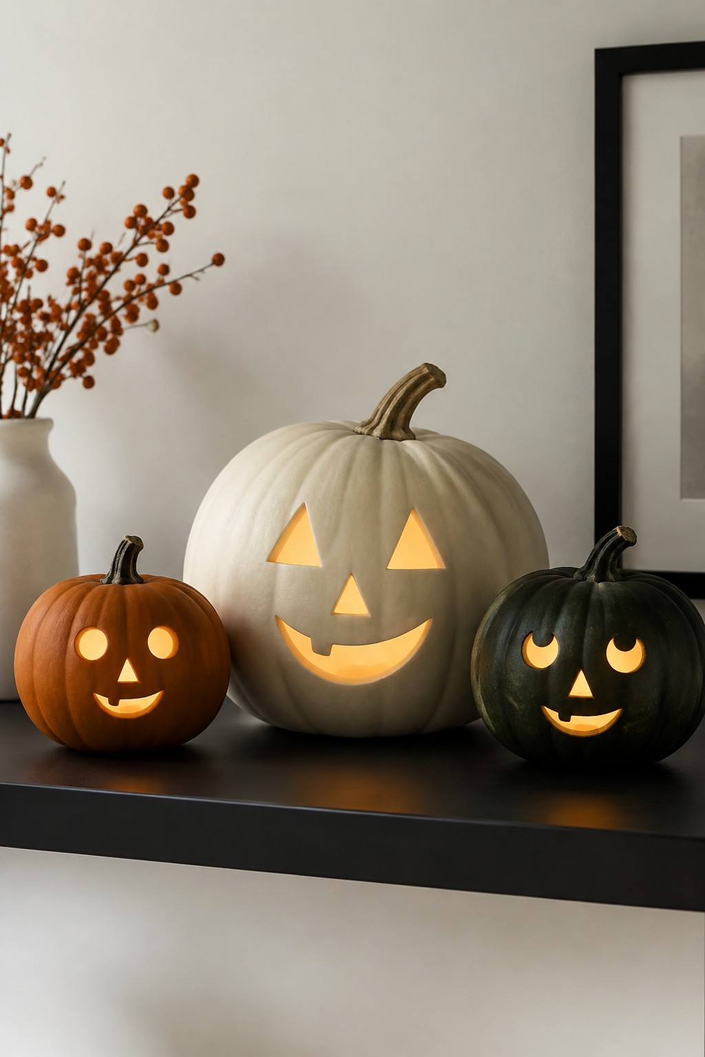Three carved and glowing jack o lanterns in orange, white, and dark green arranged on a black shelf with a white vase of branches to the side.