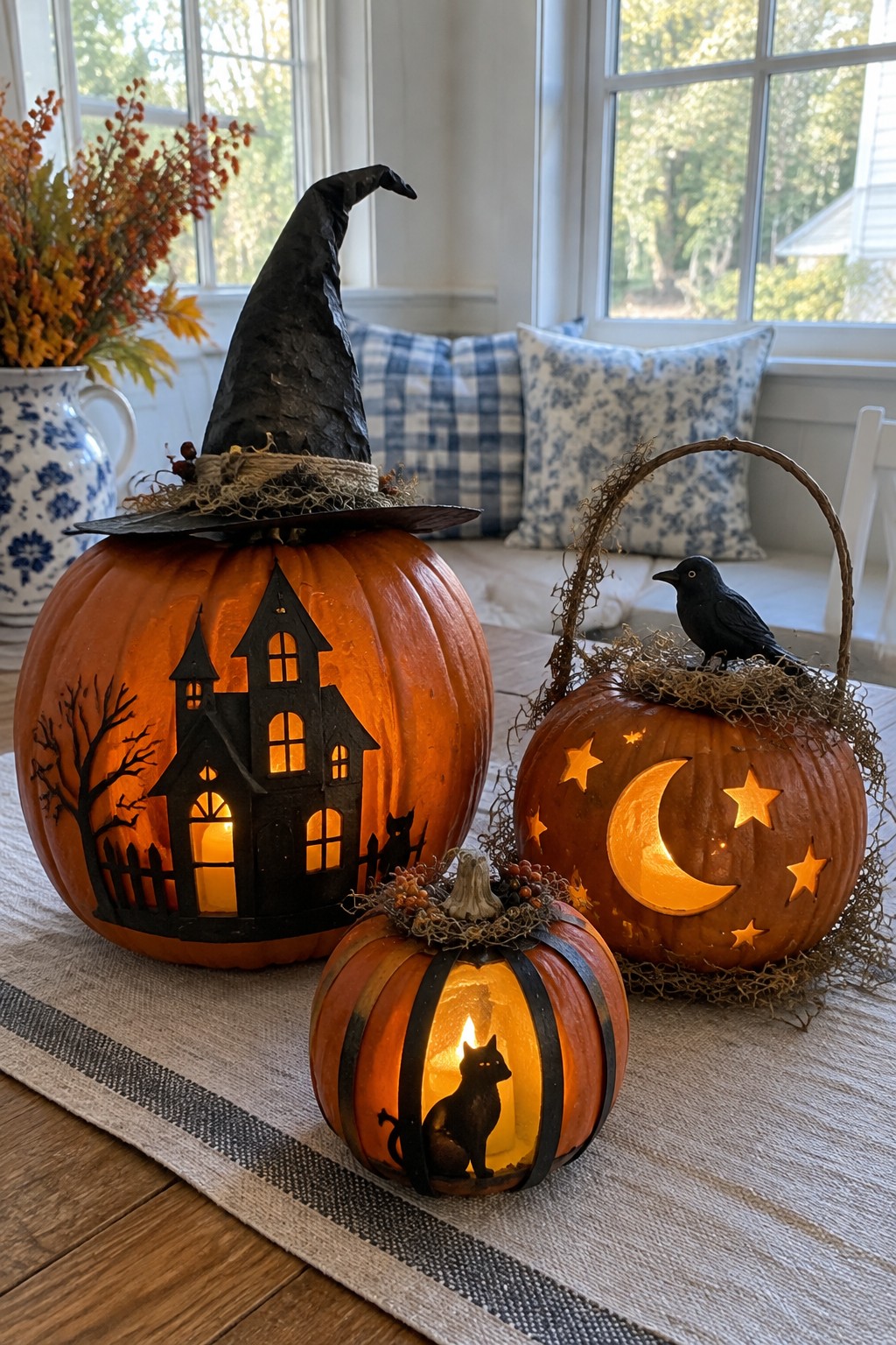 Three illuminated pumpkins with Halloween cutouts including a haunted house, moon and stars, and a cat, arranged indoors on a table runner.