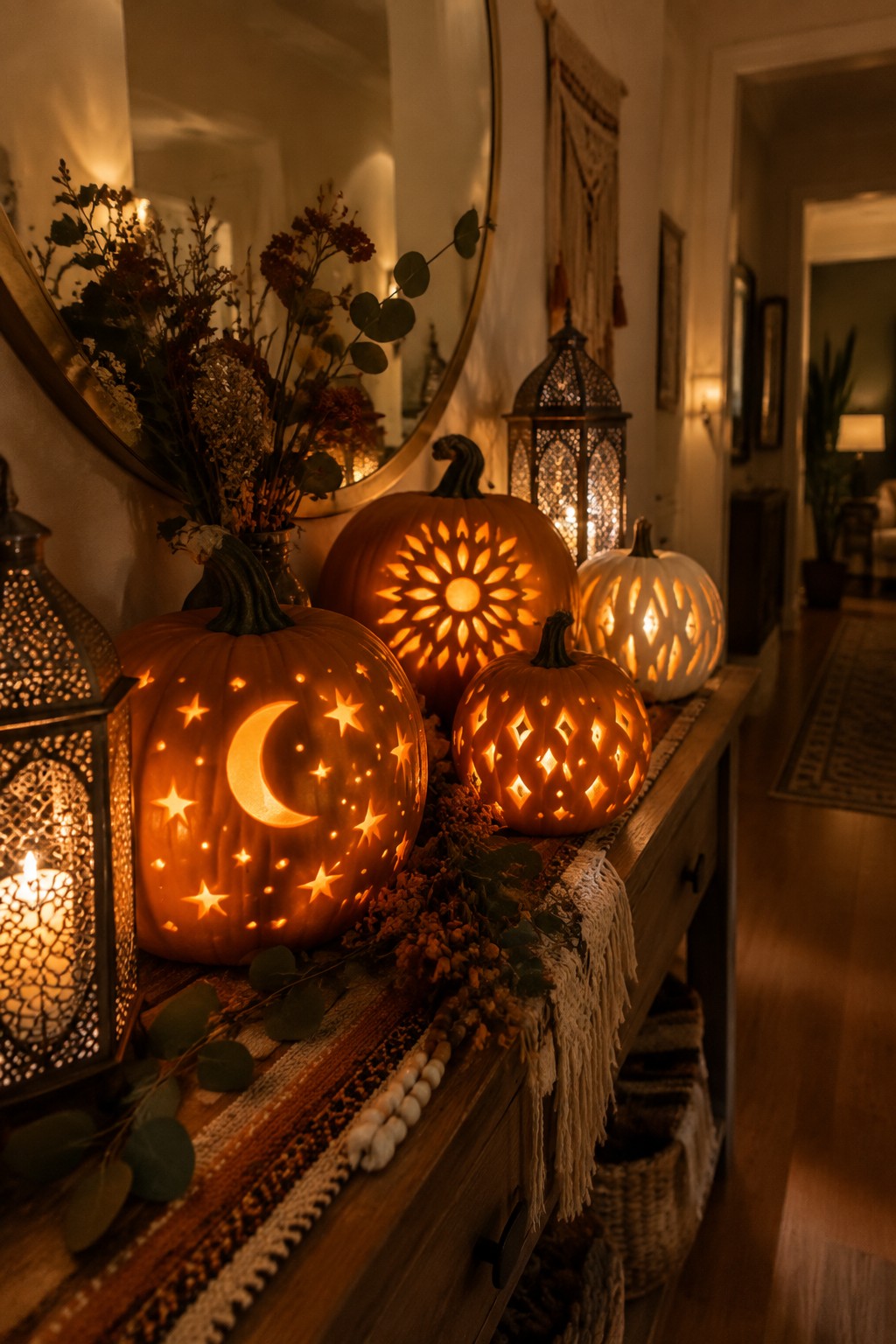 Several carved pumpkins with glowing moon, star, and geometric patterns sit on a wooden console table beside metal lanterns in an entryway.