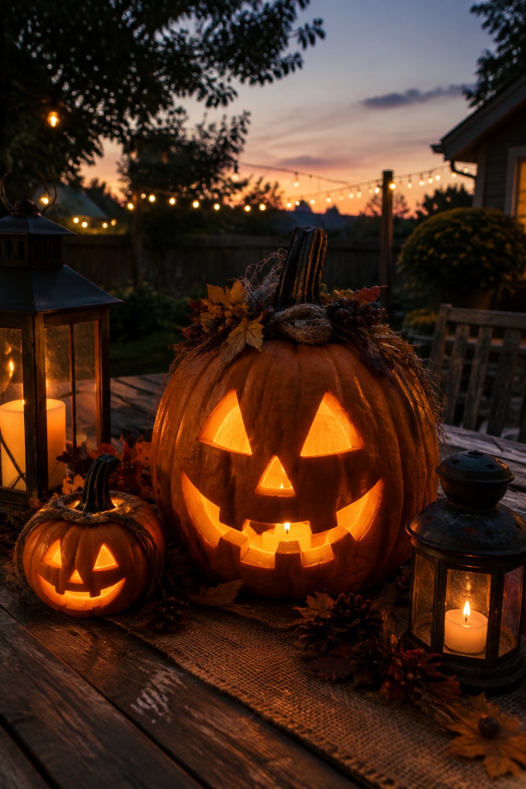 Jack o lanterns with carved faces and lit candles grouped on a wooden table beside metal lanterns at dusk.