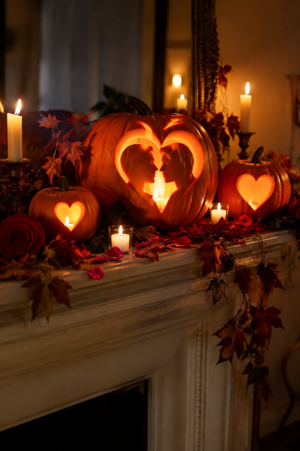 White mantel lined with carved pumpkins showing heart shapes and two silhouetted faces inside a large central heart, all lit from within by candles.