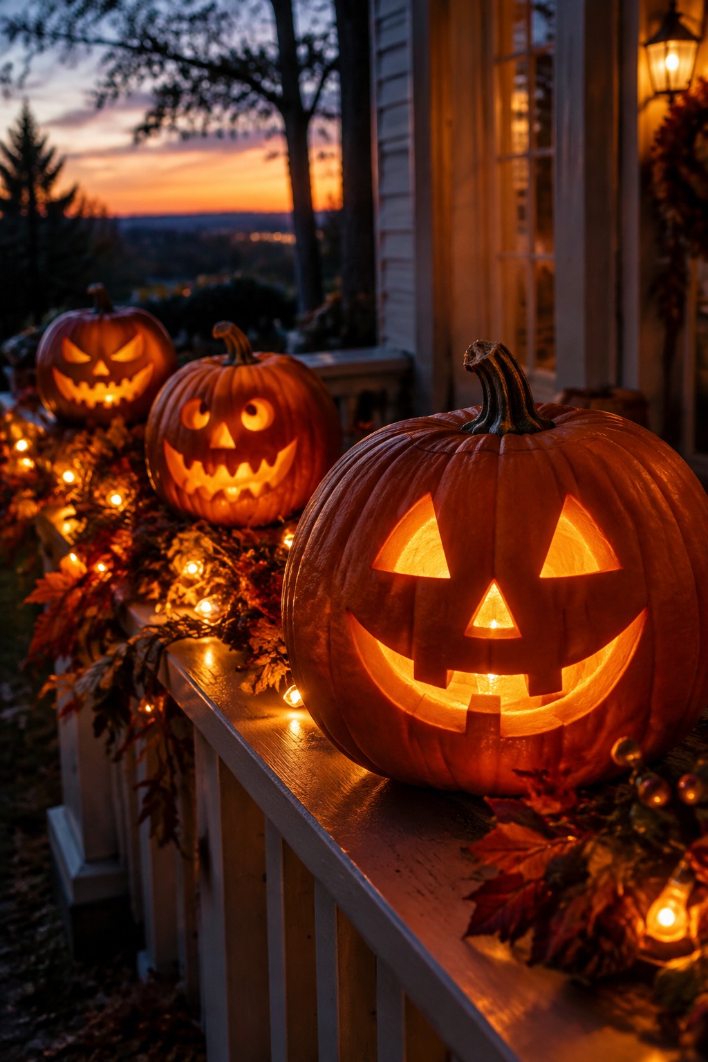 Three carved pumpkins with glowing faces rest on a white porch railing lined with string lights and autumn leaves at dusk.