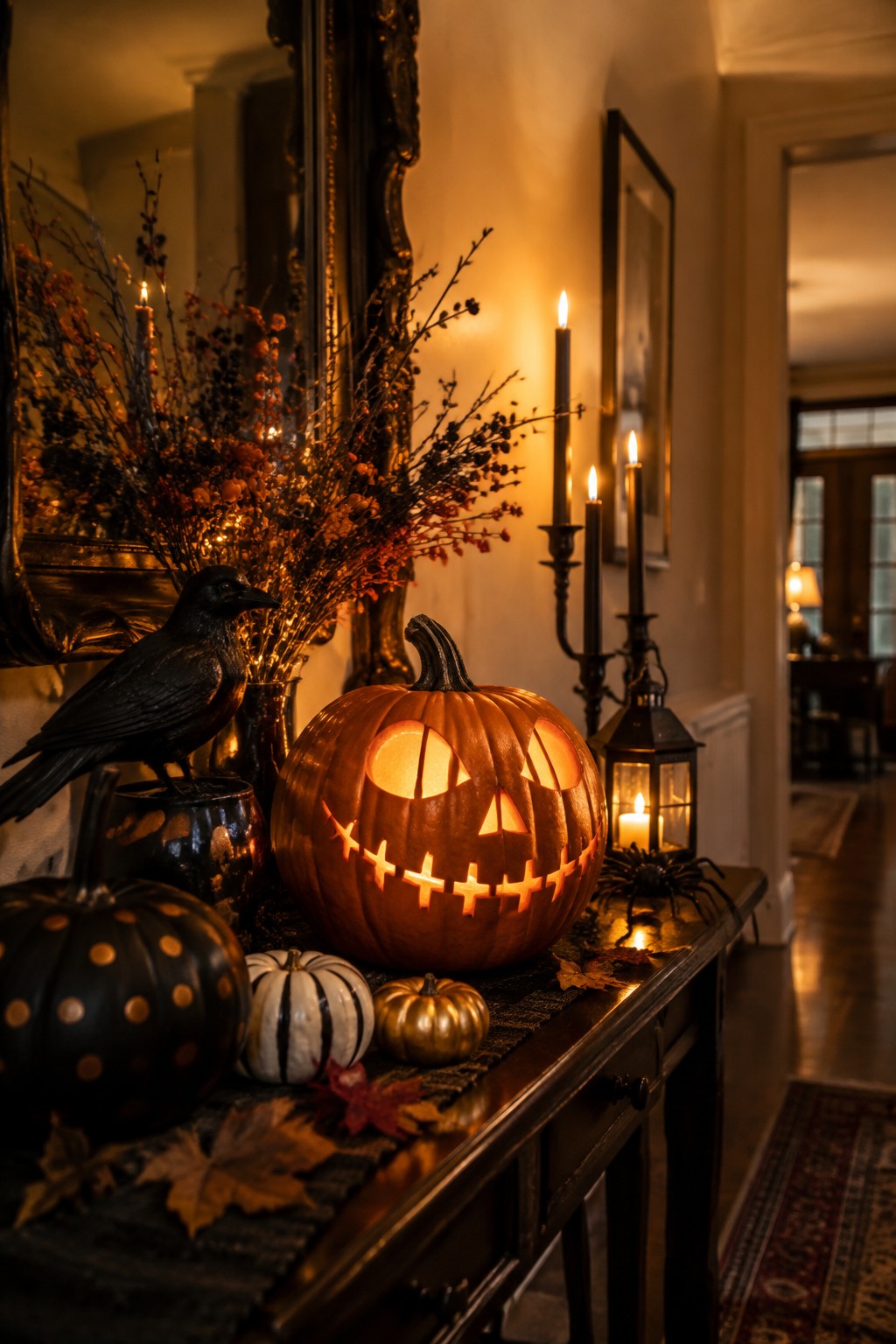 A carved jack o lantern with a glowing face sits on a dark wooden console table in an entryway, flanked by black candles, a lantern, and a black crow figurine.