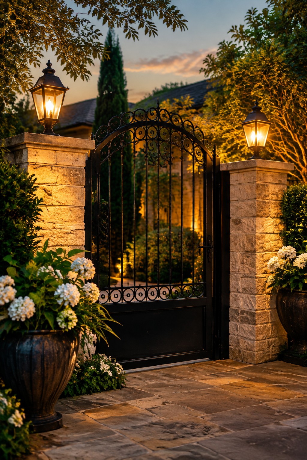Ornate black metal gate between stone pillars with lit lanterns at an outdoor residential entrance.