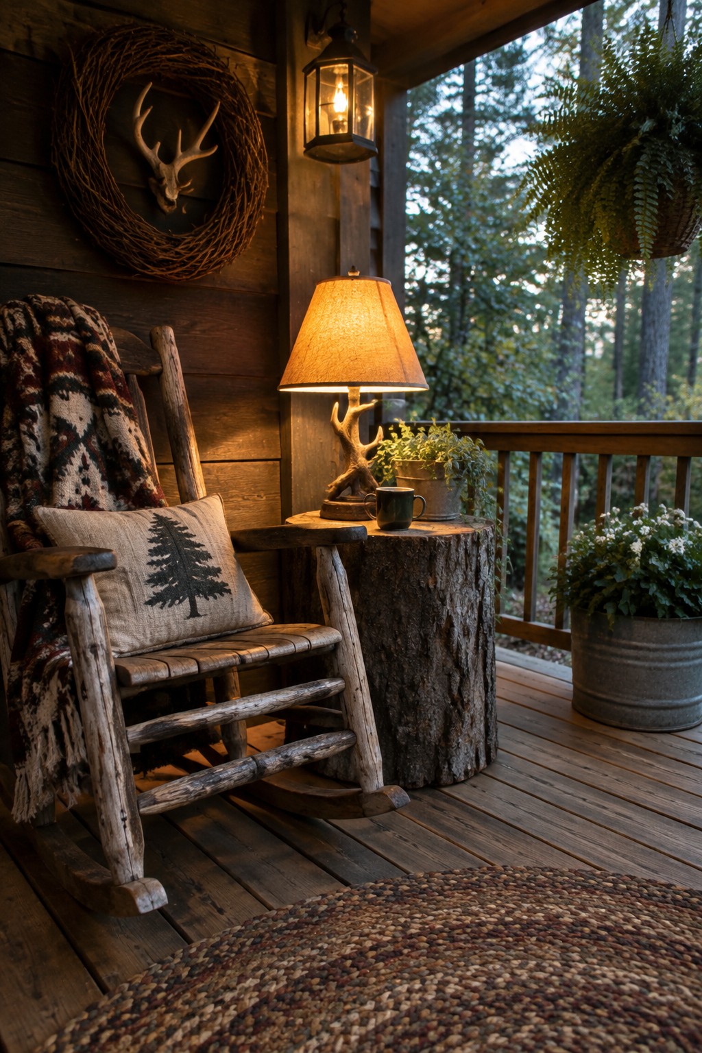 Rustic cabin porch with rocking chair, antler lamp on log, and hanging fern at dusk