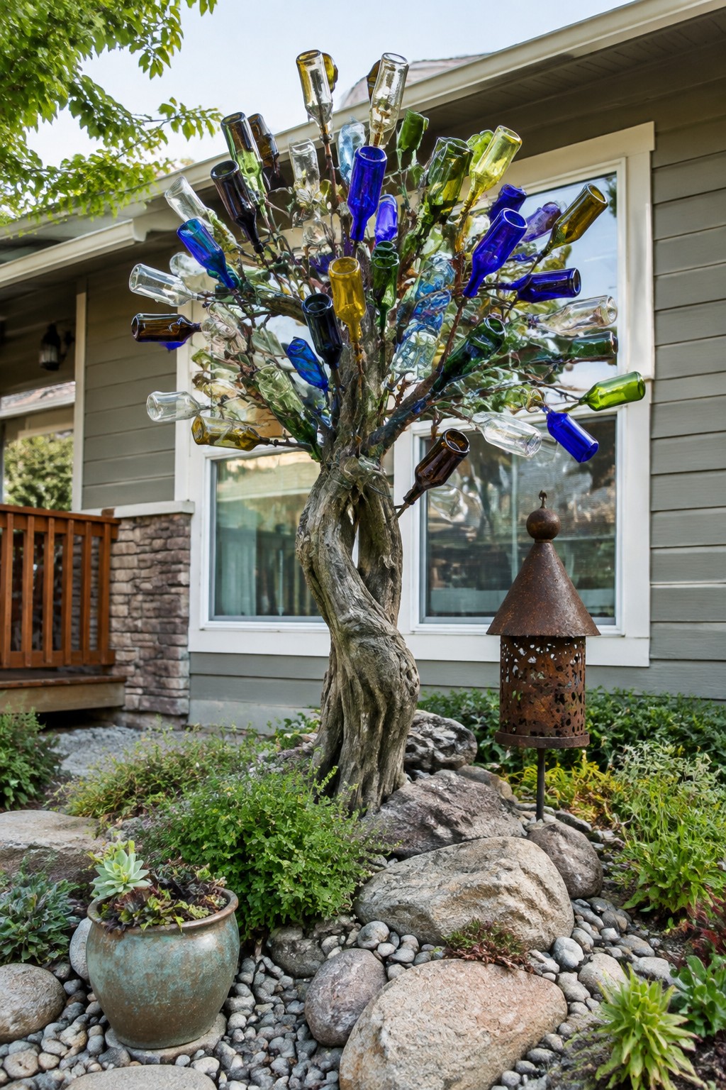Colorful glass bottles attached to twisted tree sculpture in rocky garden with lantern