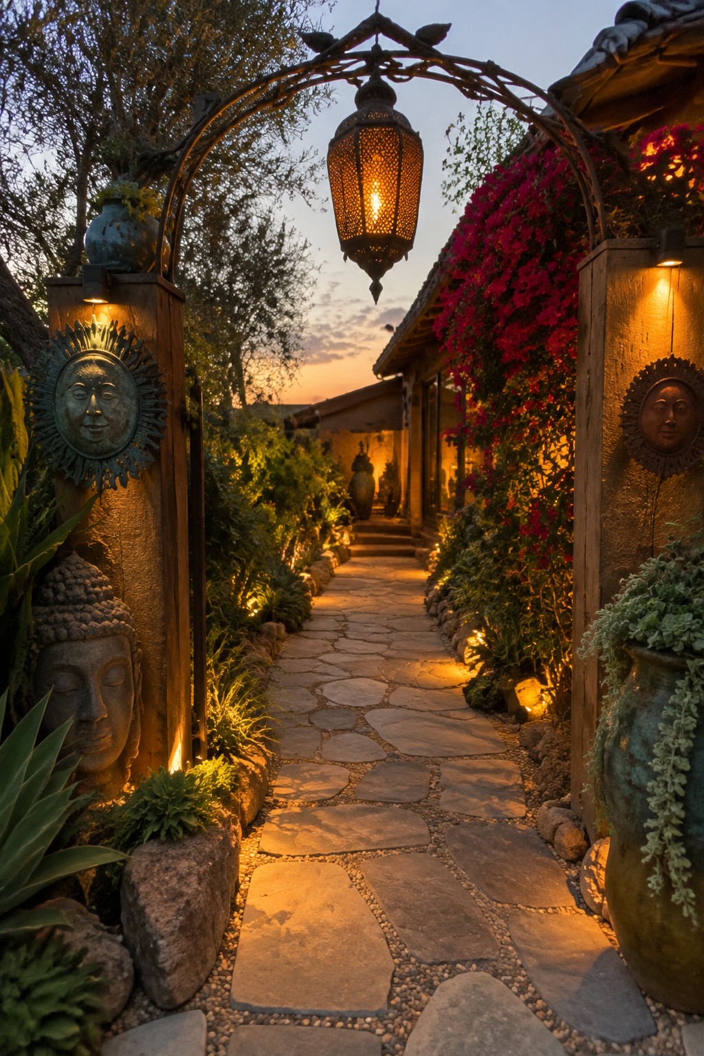 Stone walkway at dusk lined with glowing lanterns, potted plants, and decorative metal sun faces on wooden posts.