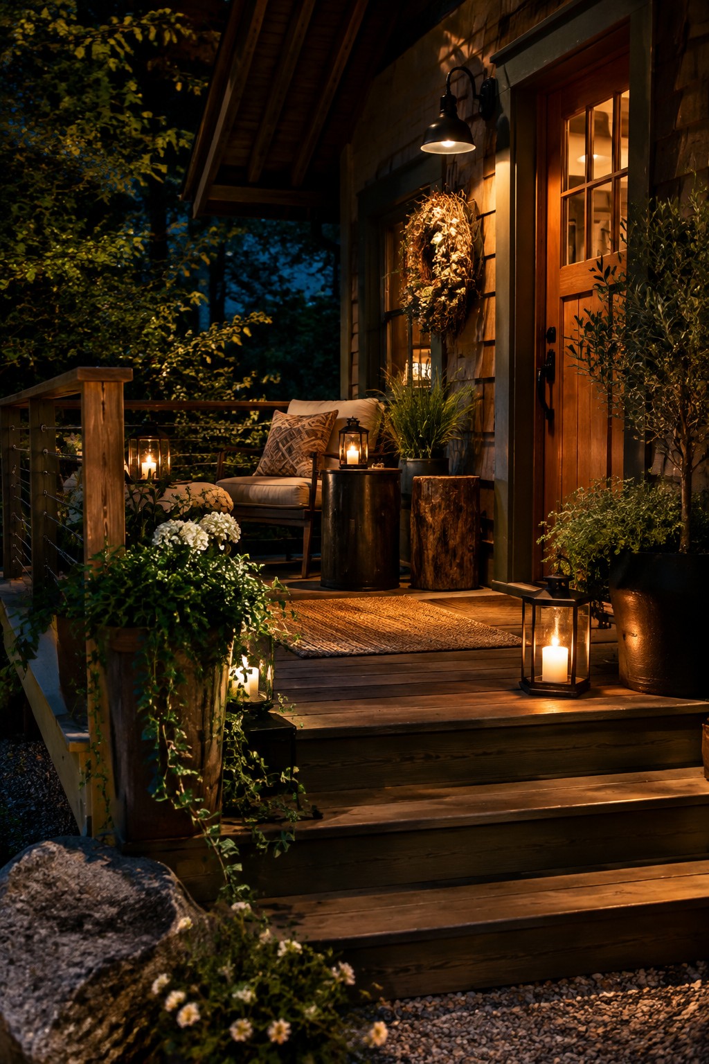 Wooden front porch at night with glowing lanterns placed on the steps beside potted plants and a wooden door.