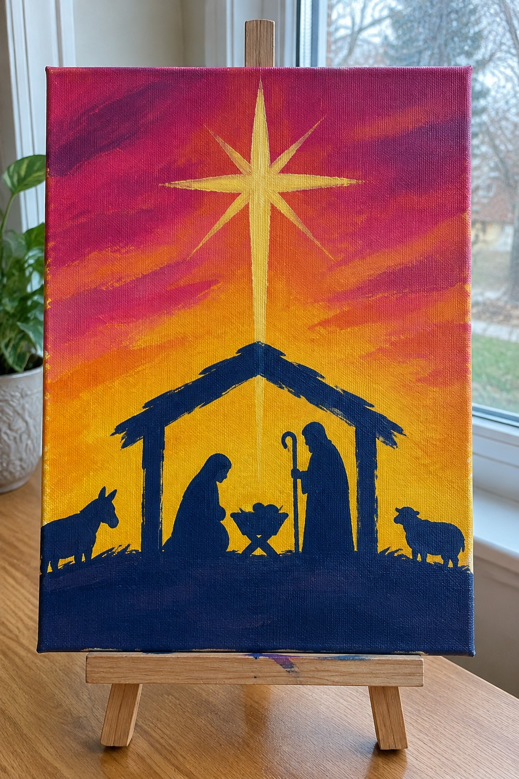 Nativity silhouettes in blue on canvas with large yellow star over orange-red sky