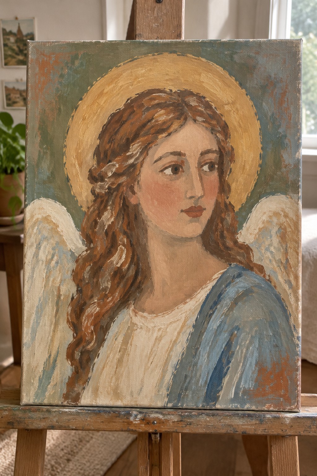 Oil painting of angel with golden halo, long brown hair, white wings on easel