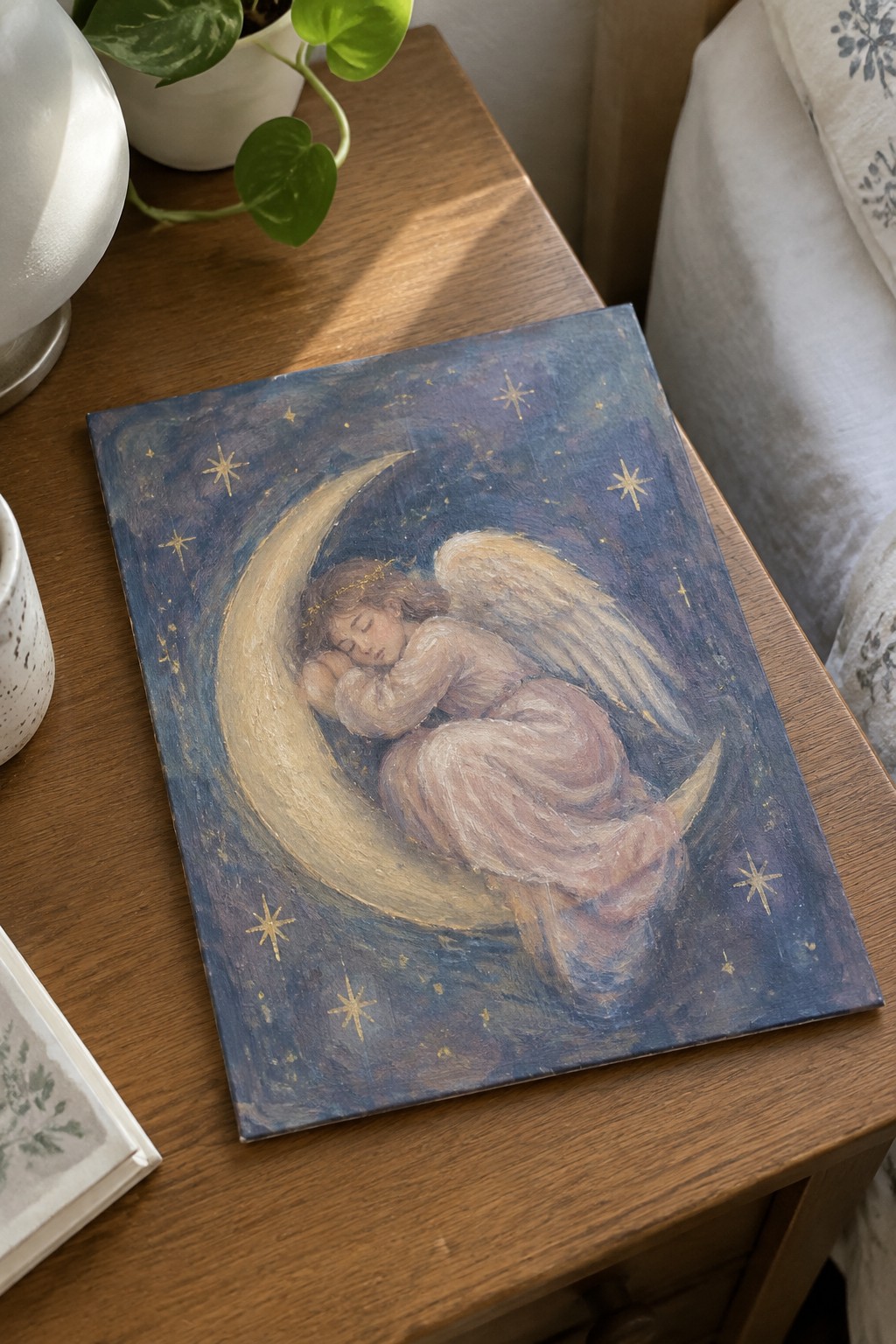 Sleeping angel with wings curled on golden crescent moon amid starry blue sky