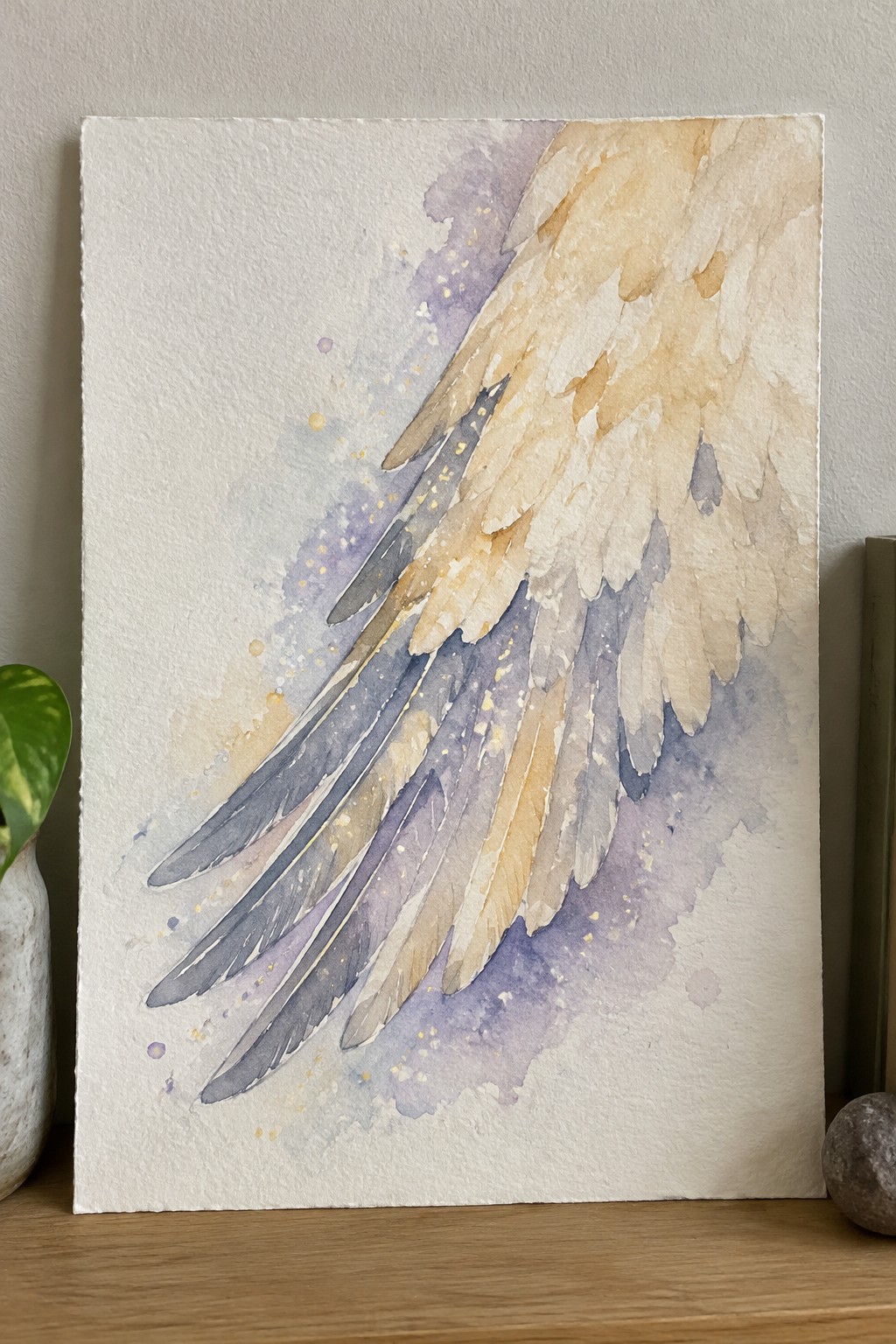 A watercolor painting of a close-up angel wing showing layered feathers in beige, purple, and blue tones with scattered gold dots on textured paper.