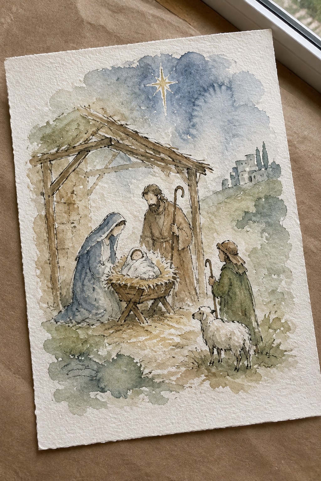 Watercolor nativity with Mary in blue, Joseph, baby in manger, shepherd, sheep and star