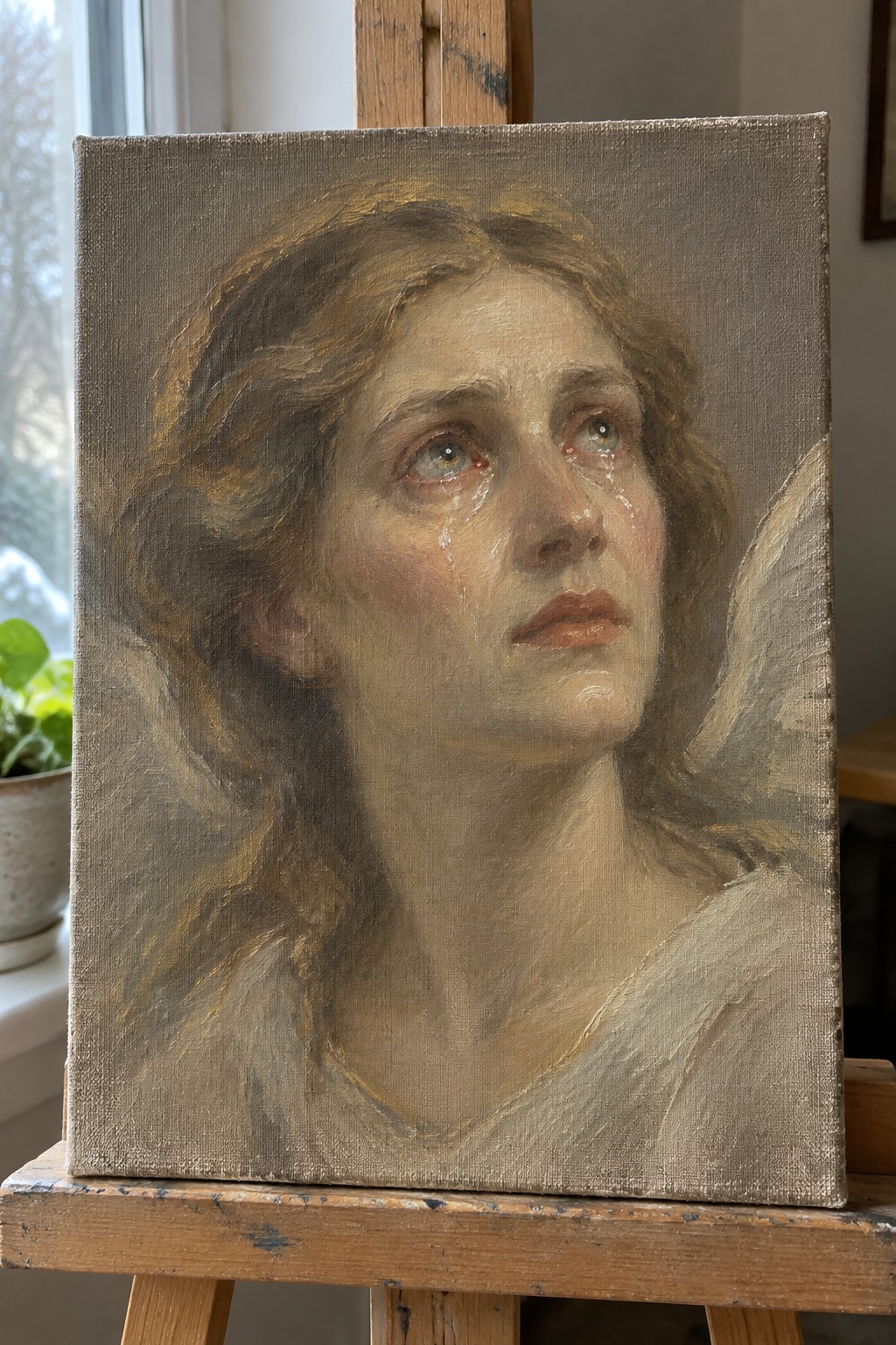 Oil painting of a tearful woman gazing upward on a wooden easel.