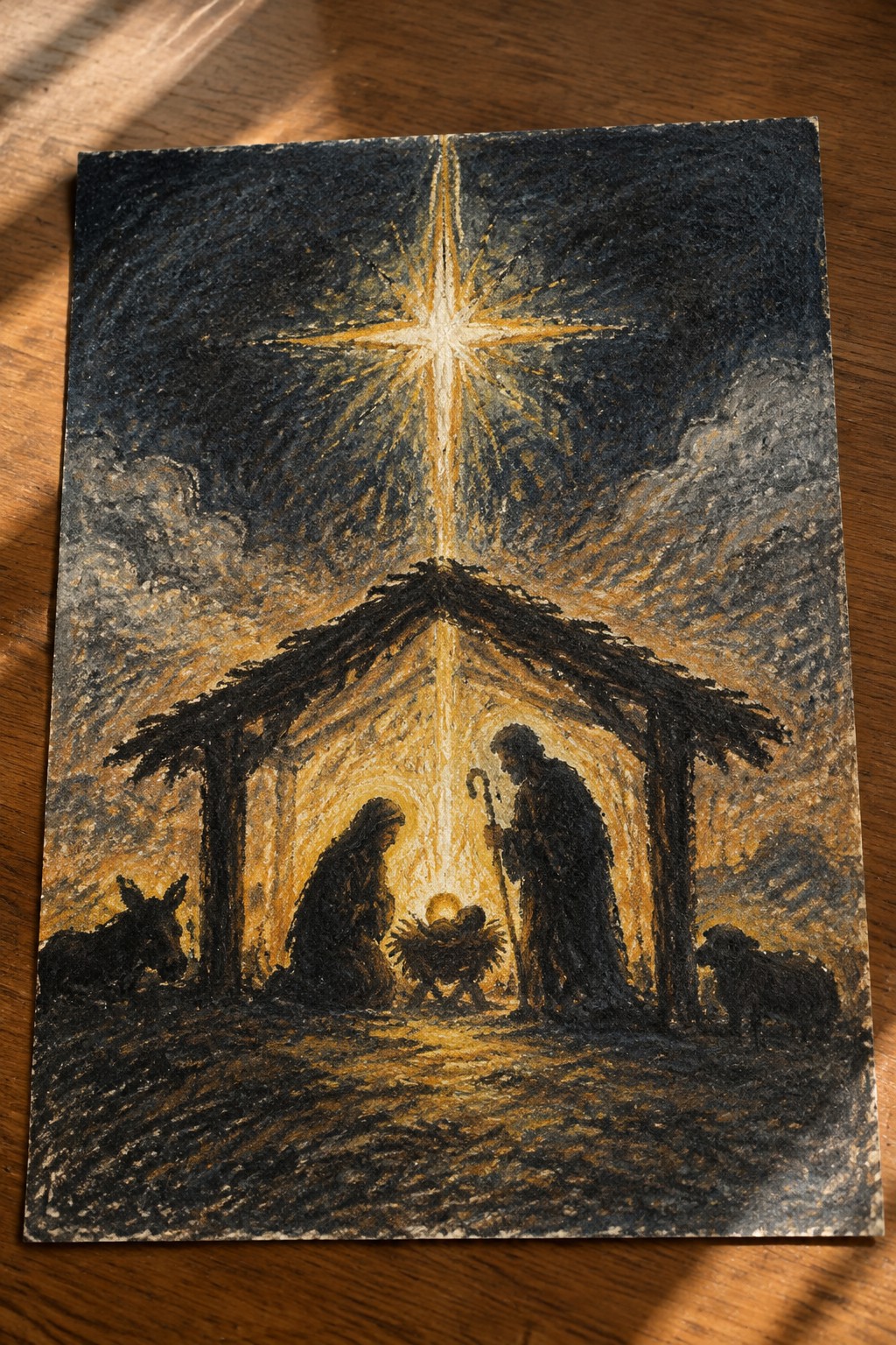 Chalk drawing of nativity scene with Mary, Joseph holding staff, animals, and radiant star.