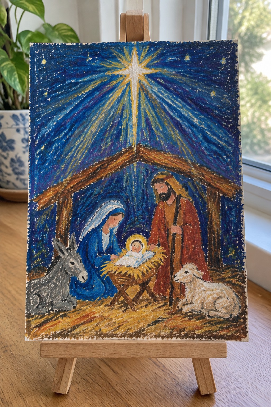 Colorful crayon painting of Nativity with Mary in blue, Joseph, manger, donkey and lamb under radiant star.
