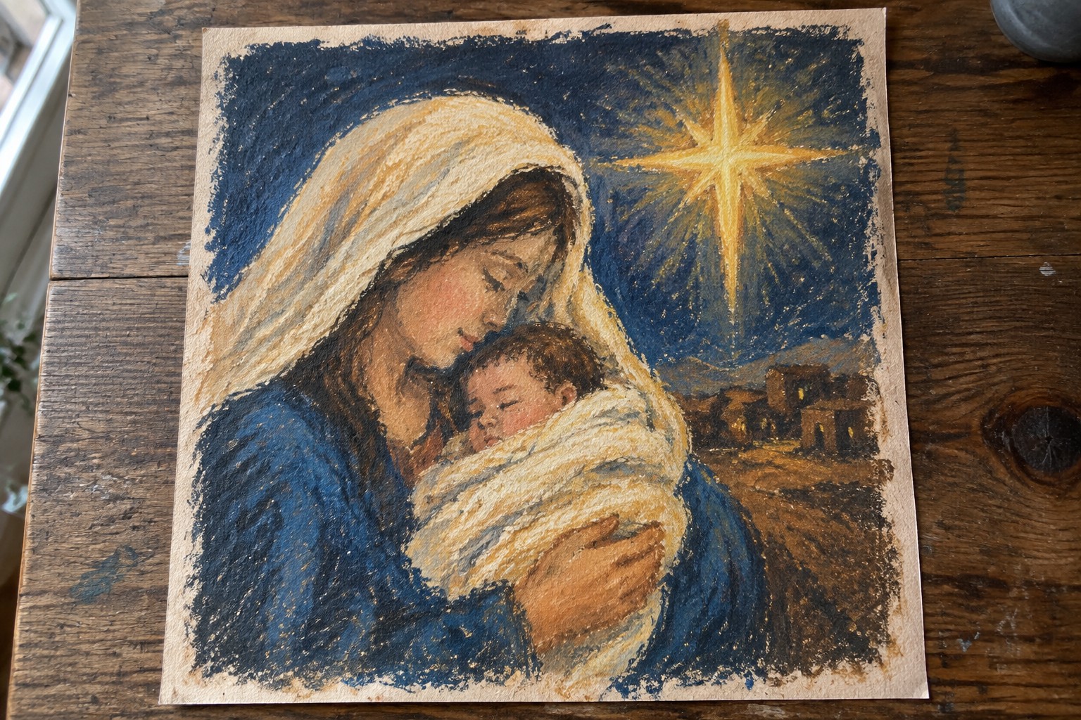 Blue-robed woman cradles swaddled baby beneath glowing star in night sky pastel
