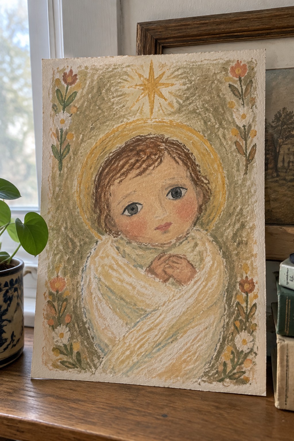 Watercolor of haloed child in white swaddling, golden star above, floral borders on sides.