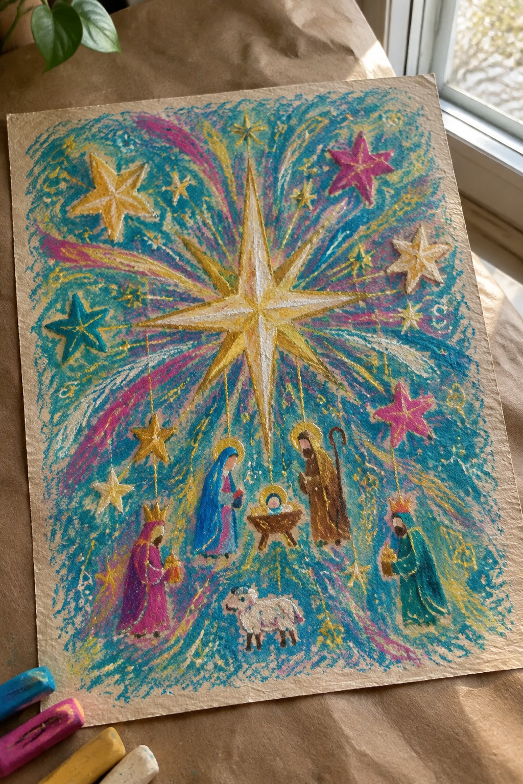 Chalk pastel nativity with large golden star, holy family, three crowned kings, and sheep.