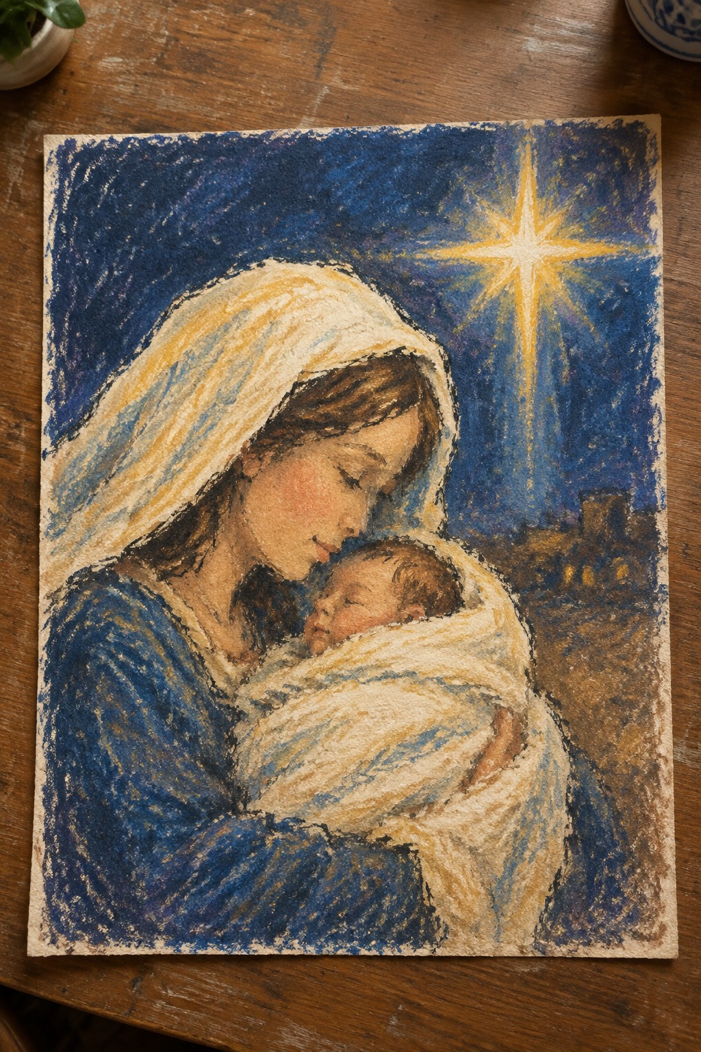 Blue-robed woman cradles swaddled baby beneath glowing star in night sky pastel