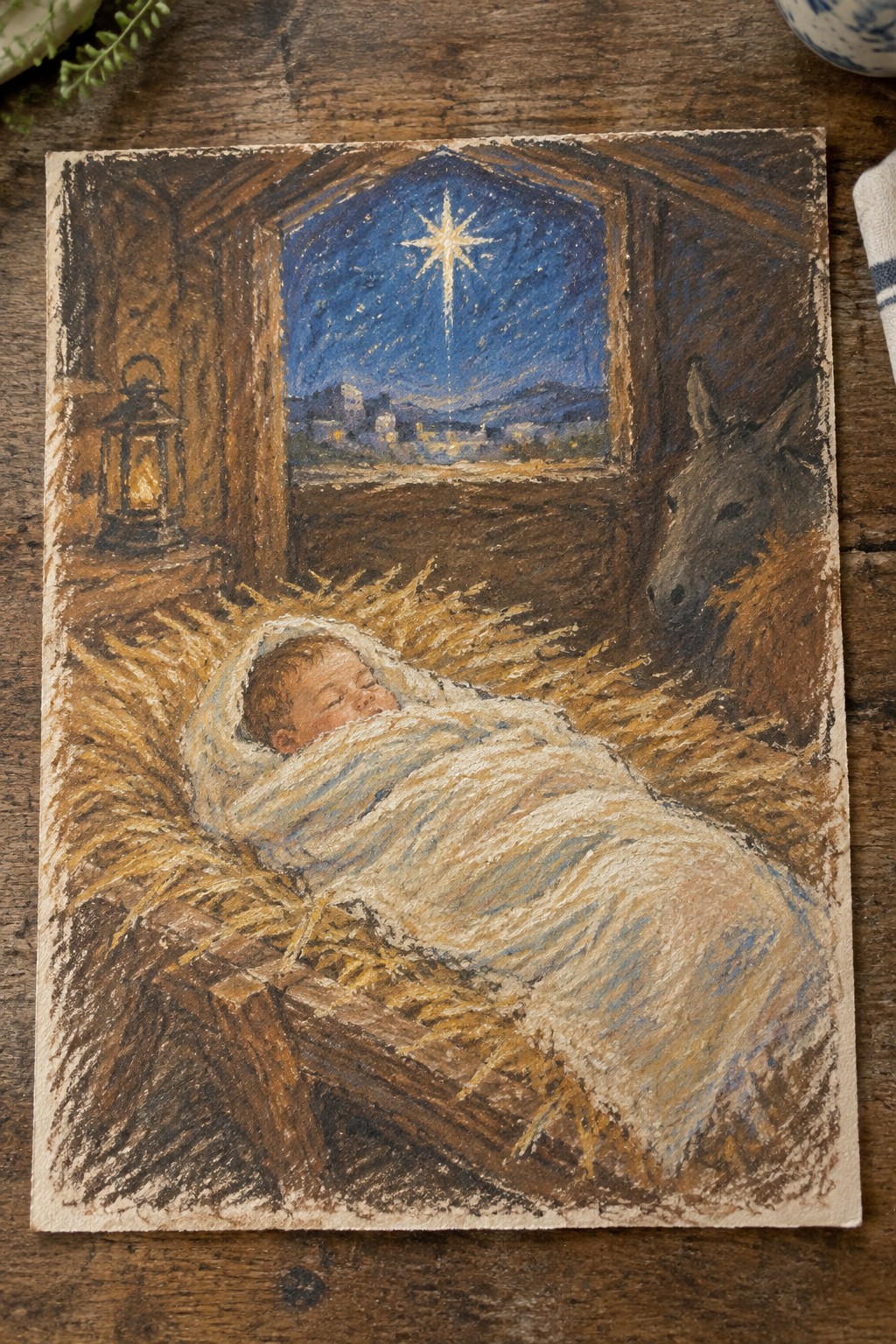 Swaddled baby sleeps in hay-filled manger beside donkey, lantern, and starry window view