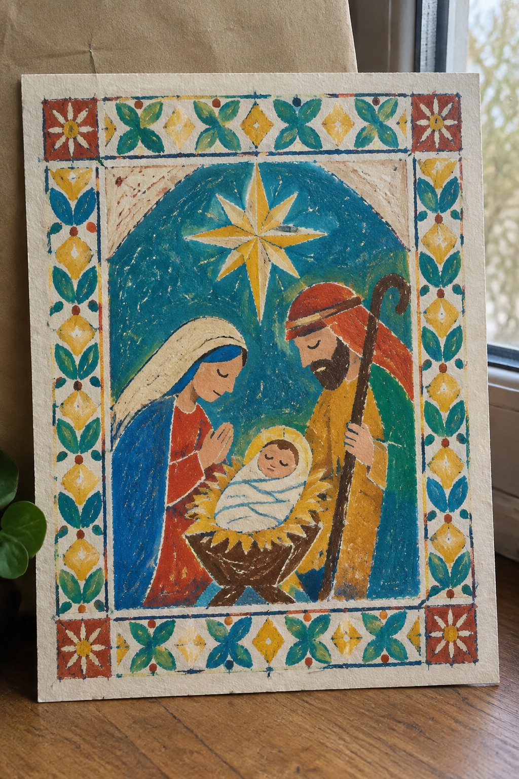 Colorful folk painting of Mary in blue-red, Joseph with staff, baby in manger under golden star, patterned border.