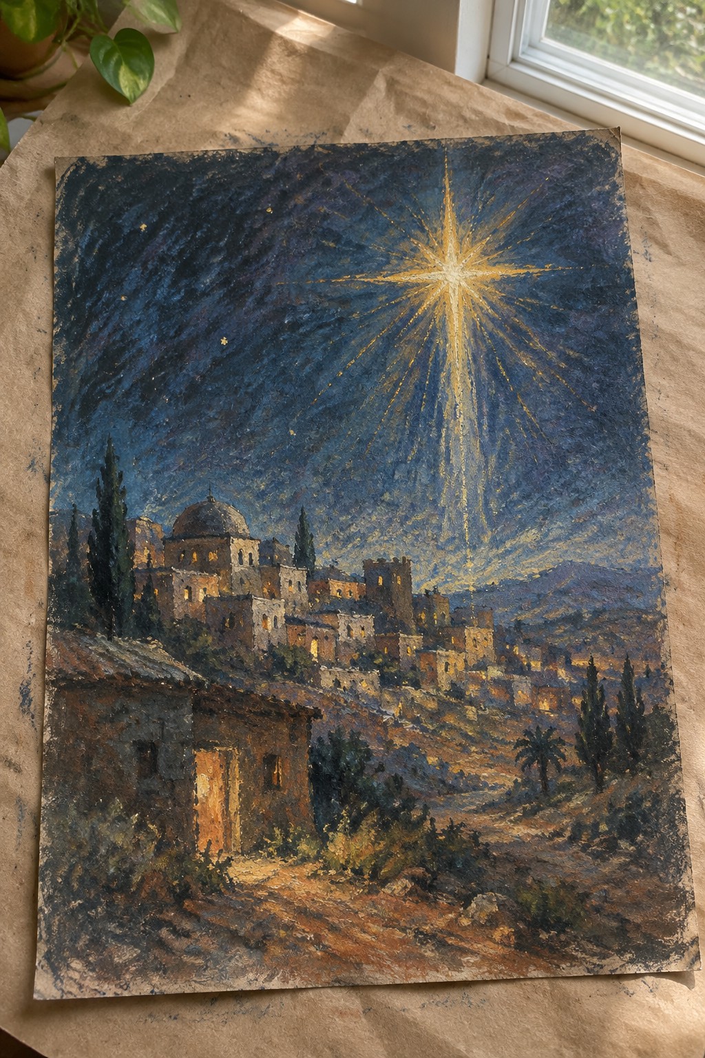 Textured oil painting of radiant star beaming over illuminated ancient hillside village at night