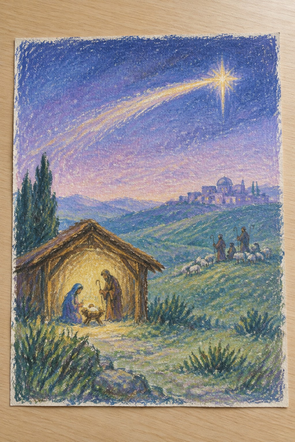 Pastel nativity scene with Mary in blue, Joseph, manger, radiant star, shepherds on hills