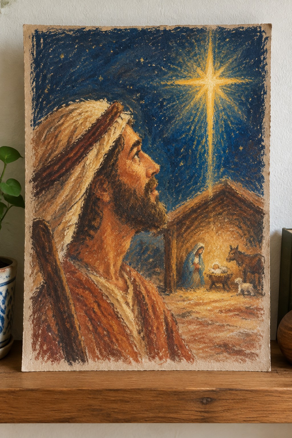 Bearded man in headscarf and robe gazes at radiant star above nativity stable