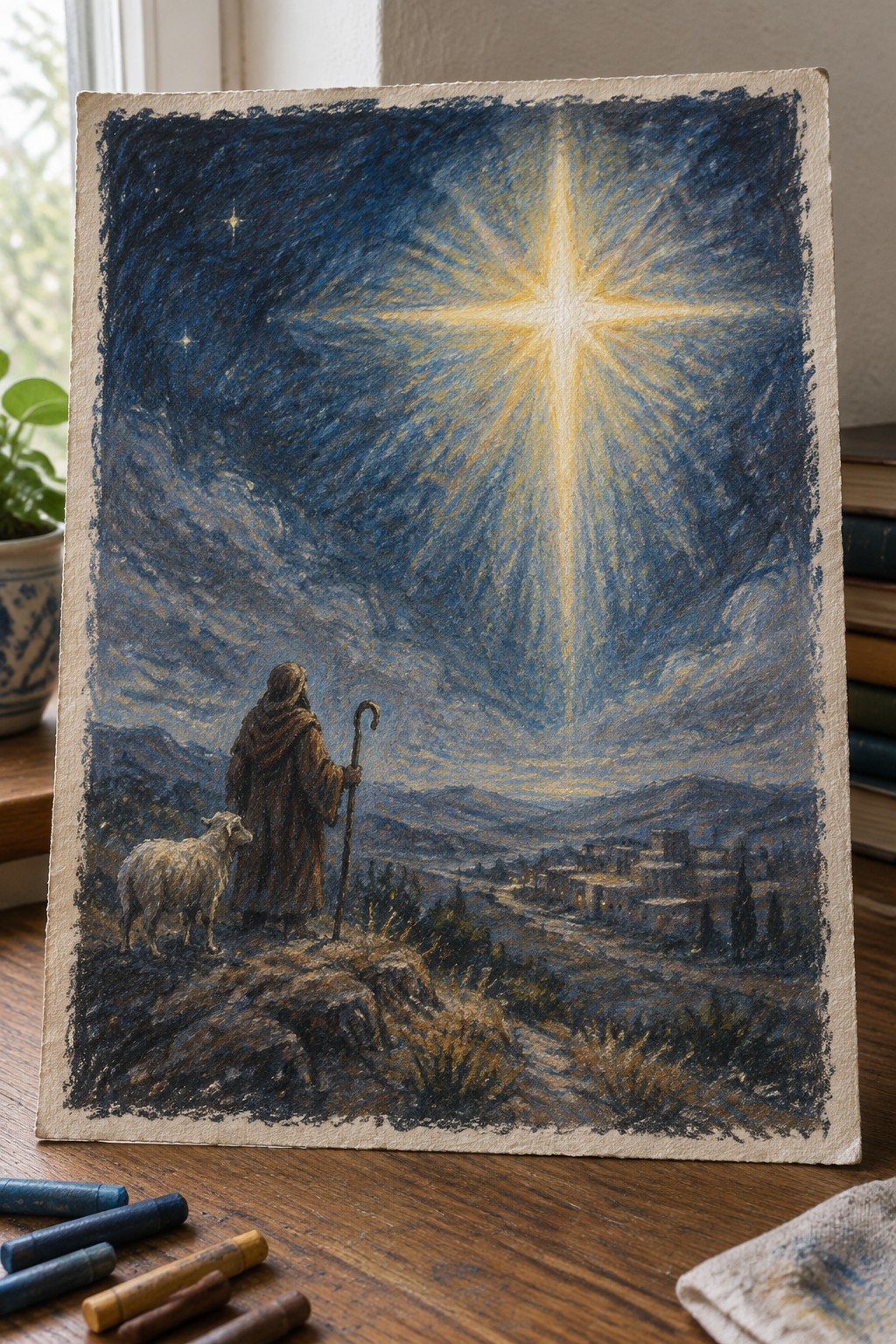 Shepherd in brown robe with staff beside sheep under radiant star over village at night
