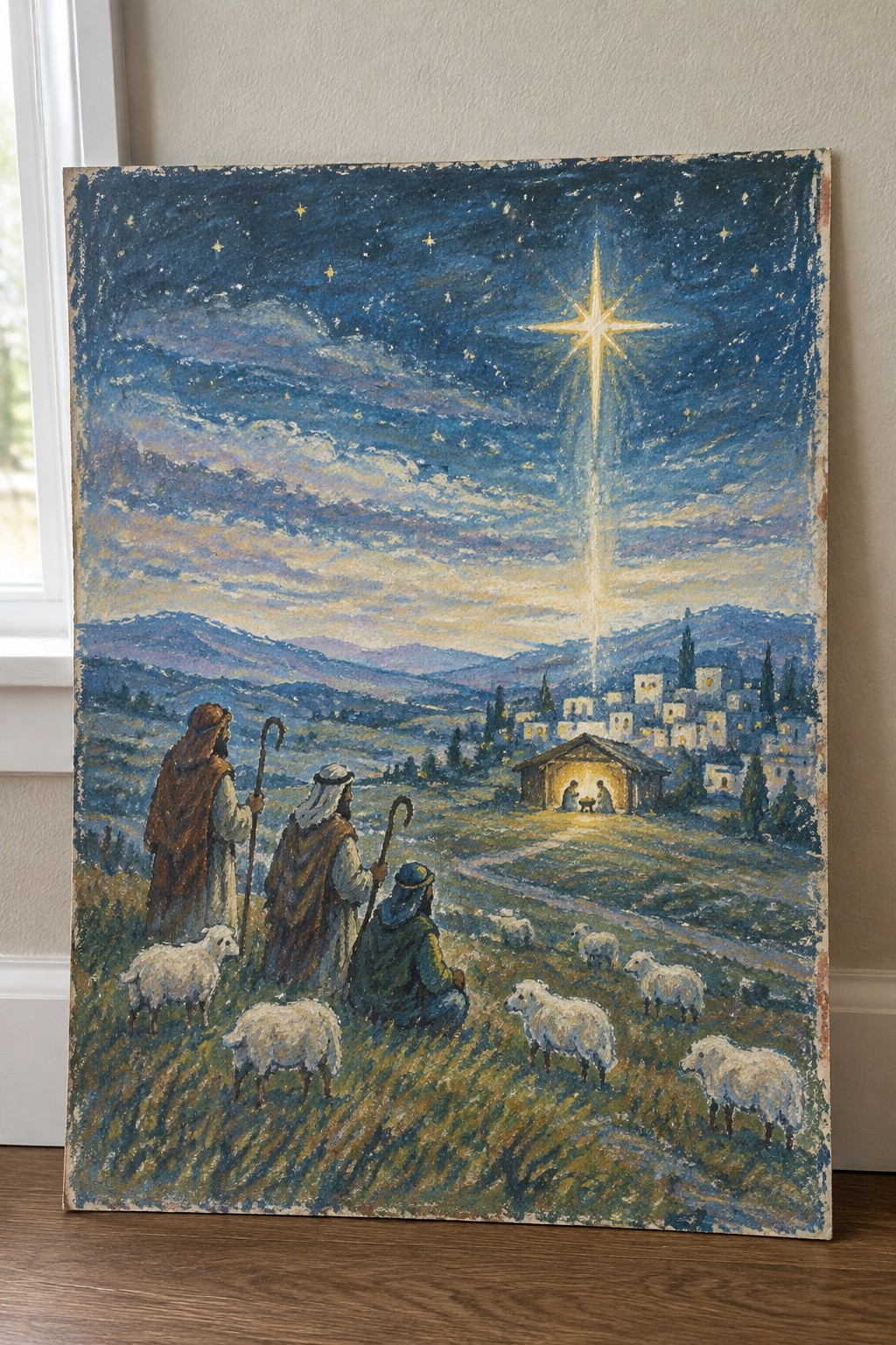 Three robed shepherds and sheep watch a radiant star above a glowing stable.