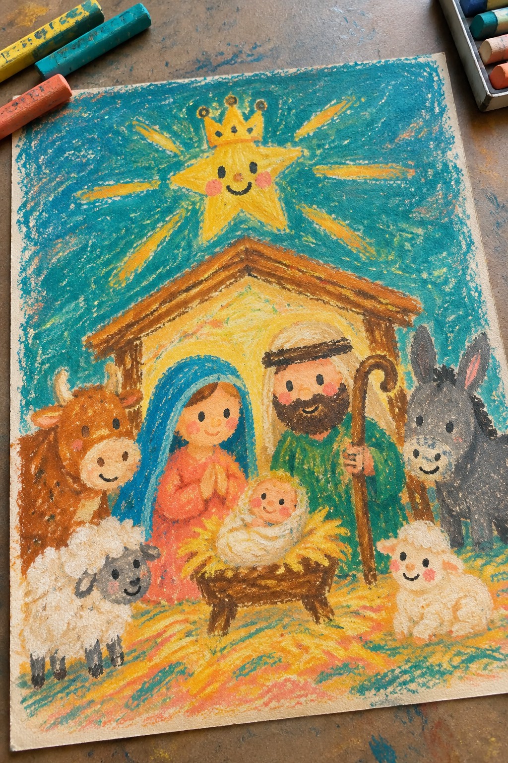 Colorful chalk nativity scene with crowned smiling star above Mary, Joseph, baby, and animals