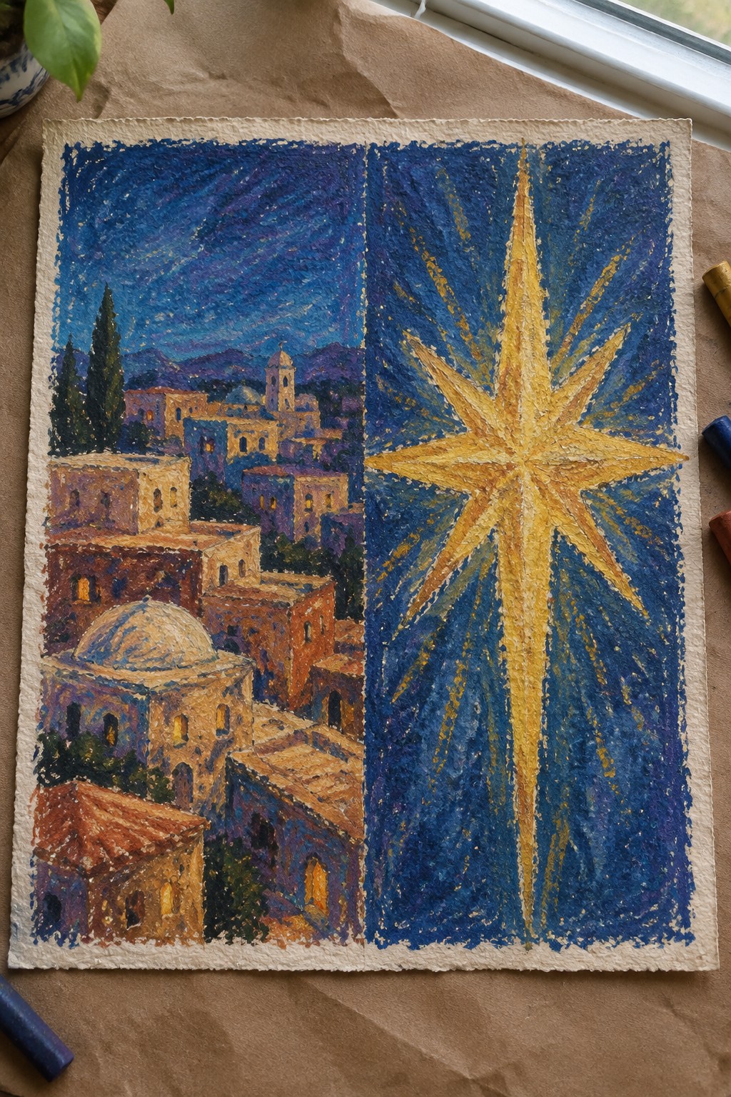 Split-panel pastel painting of nighttime village beside large radiant golden star on blue.