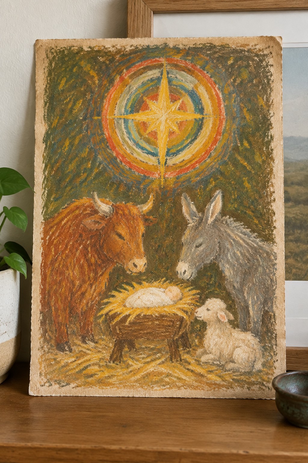 Nativity painting with cow, donkey, lamb, and infant beneath vibrant radiant star.