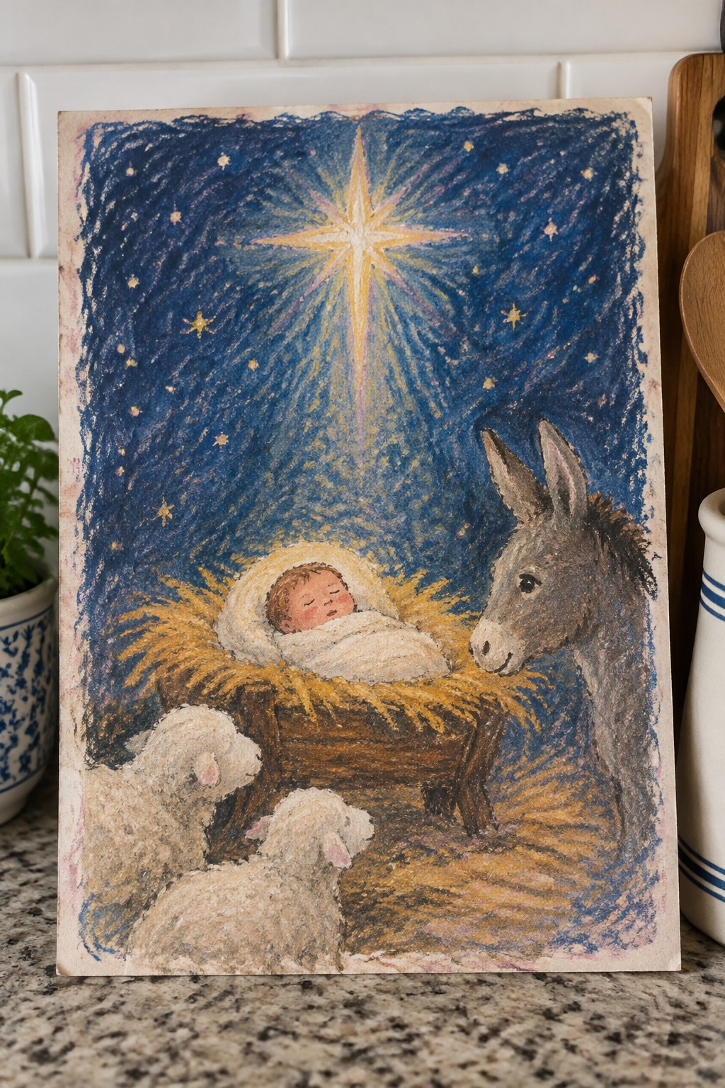 Pastel nativity scene with baby in manger, donkey, sheep under glowing star.
