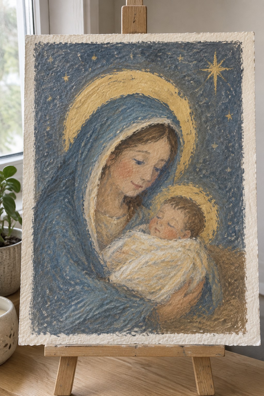 Madonna and Child painting with blue veil, golden halos on starry night background on easel