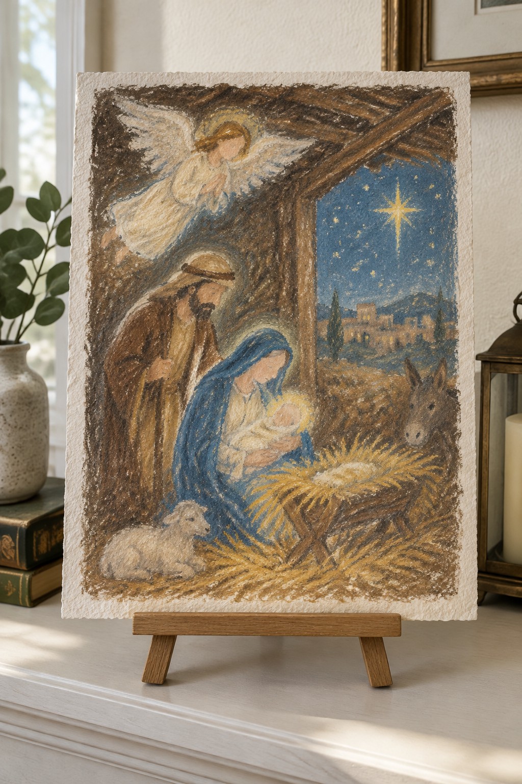 A textured painting of a Nativity scene with Mary holding the baby in a manger, Joseph standing nearby, an angel above, a donkey and lamb, and a bright star visible through the stable opening at night.