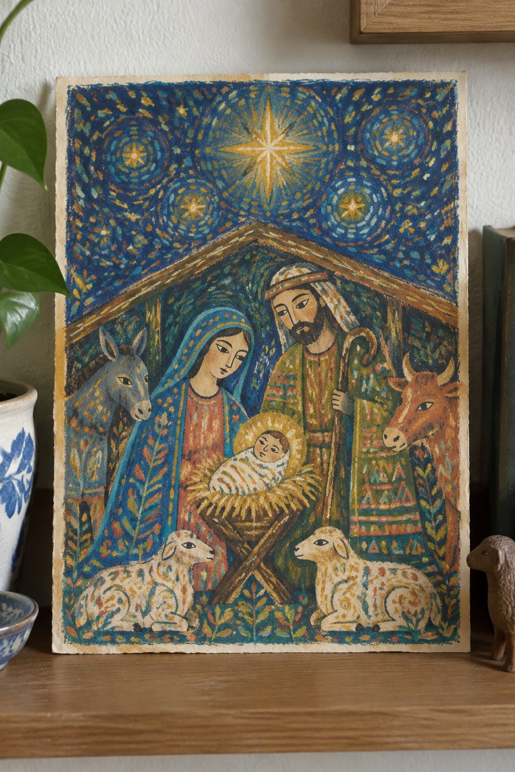 Vibrant folk-art nativity with Mary in blue veil, Joseph, swaddled baby, donkey, cow, and sheep.