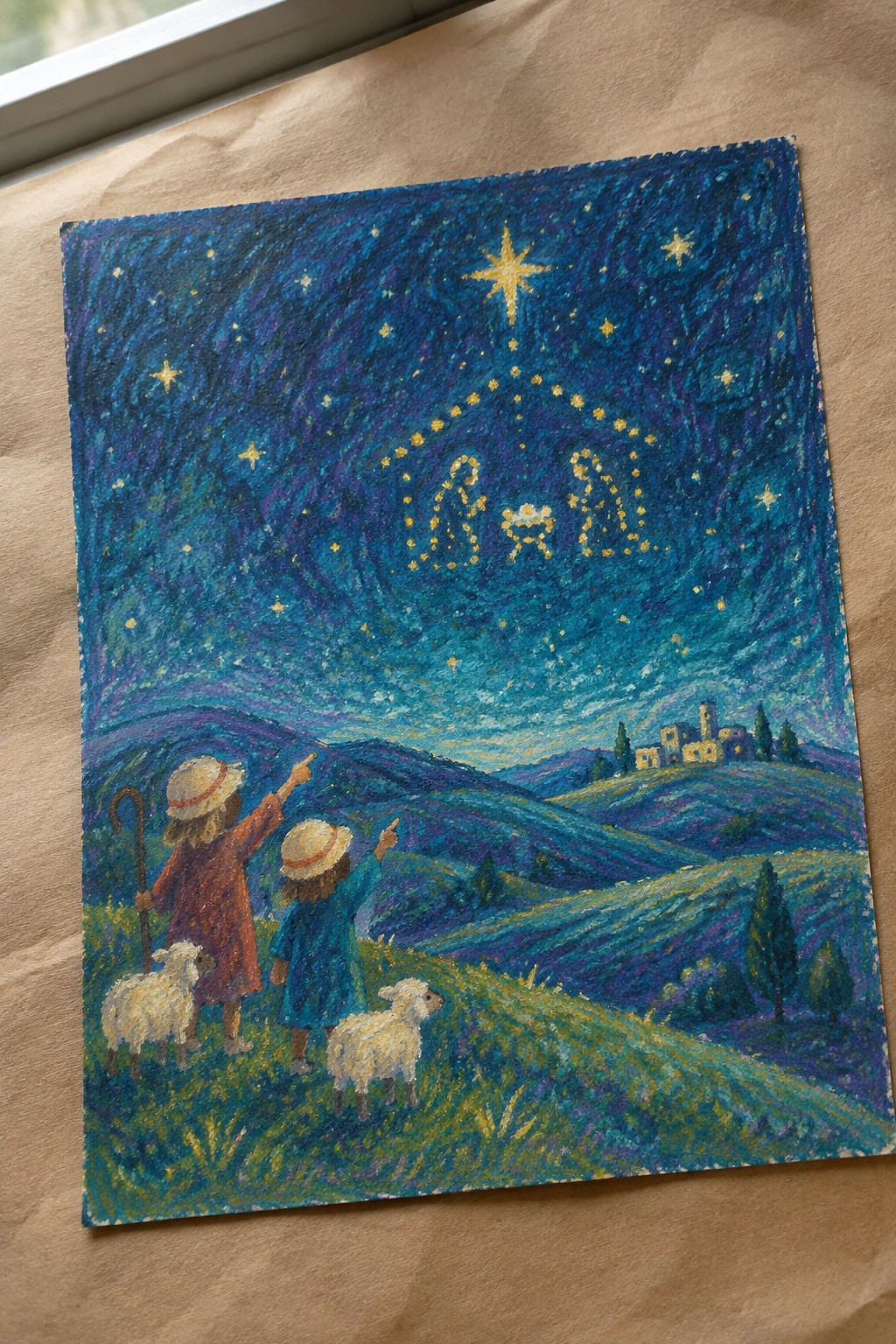 Two children in hats point at golden nativity stars in swirling blue night sky over hills with sheep.