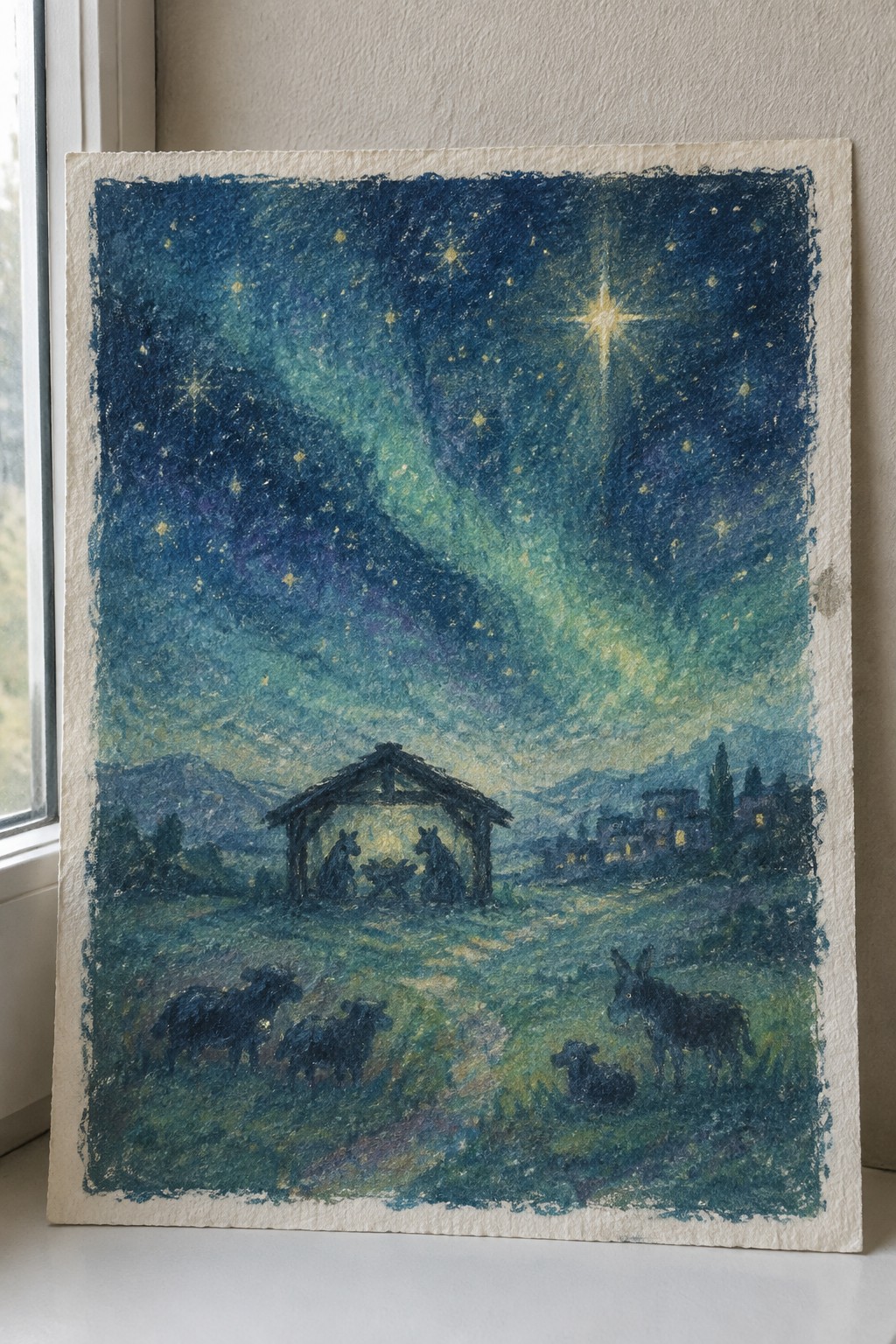 Felted wool nativity with stable, animals, and glowing star under colorful night sky.