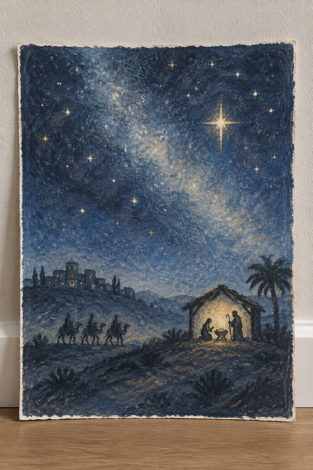 Watercolor nativity scene with wise men on camels under starry sky and bright star