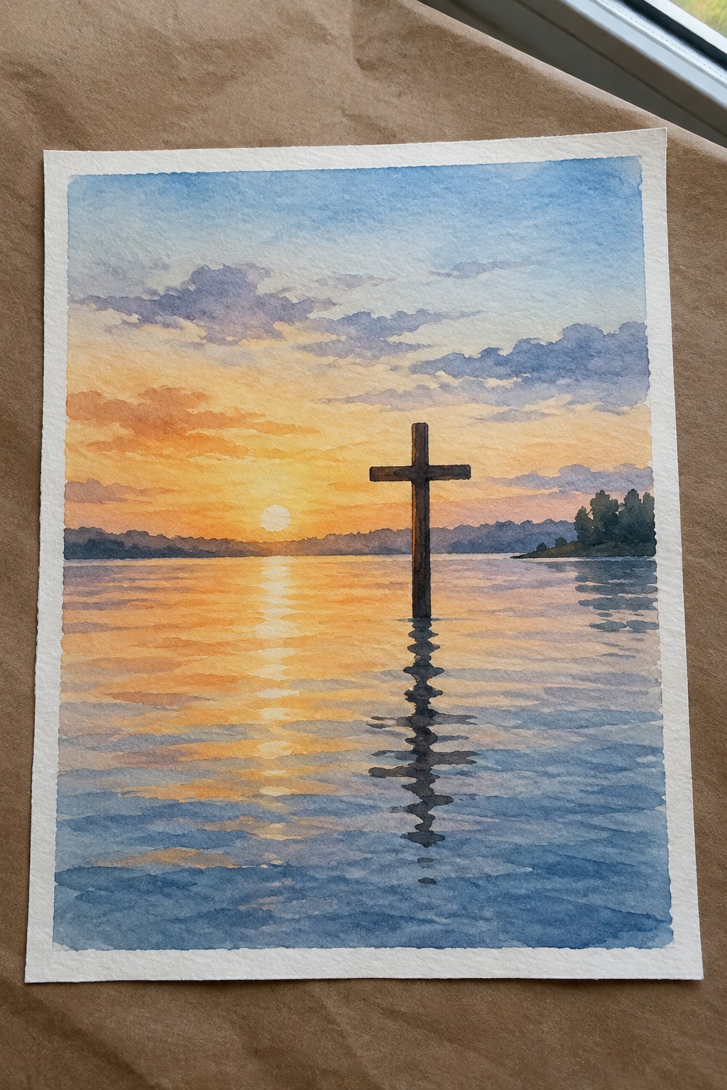 Watercolor sunset with wooden cross standing in calm water and its reflection