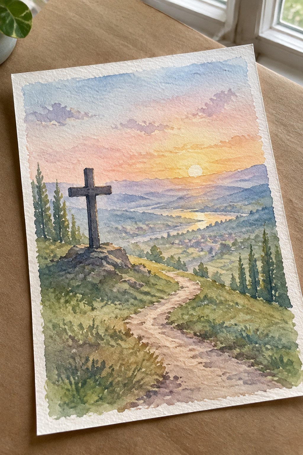 Watercolor landscape of wooden cross on hill overlooking sunset valley with winding path.