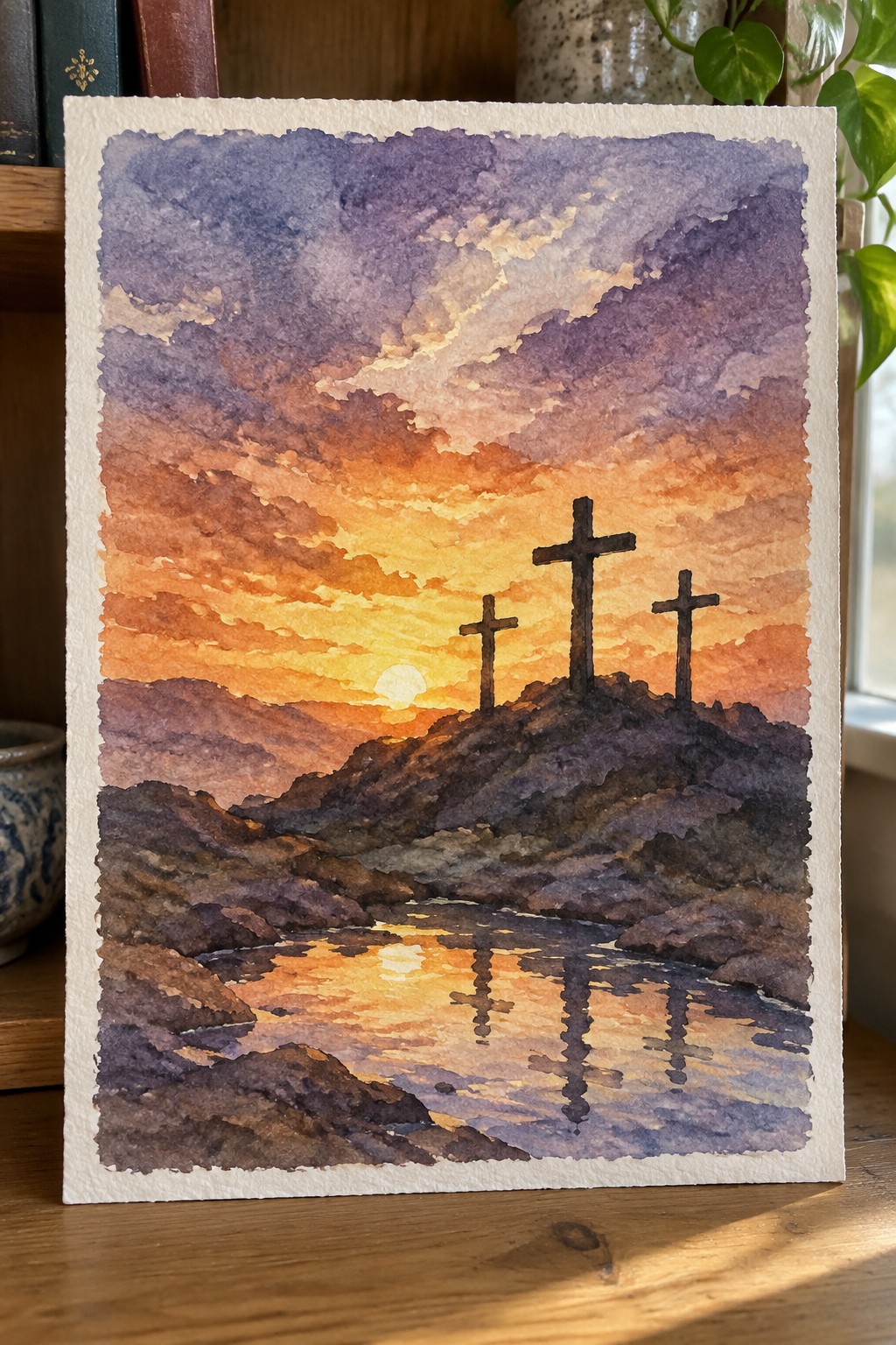 Watercolor painting of three crosses on a hill at vibrant orange-purple sunset with water reflection