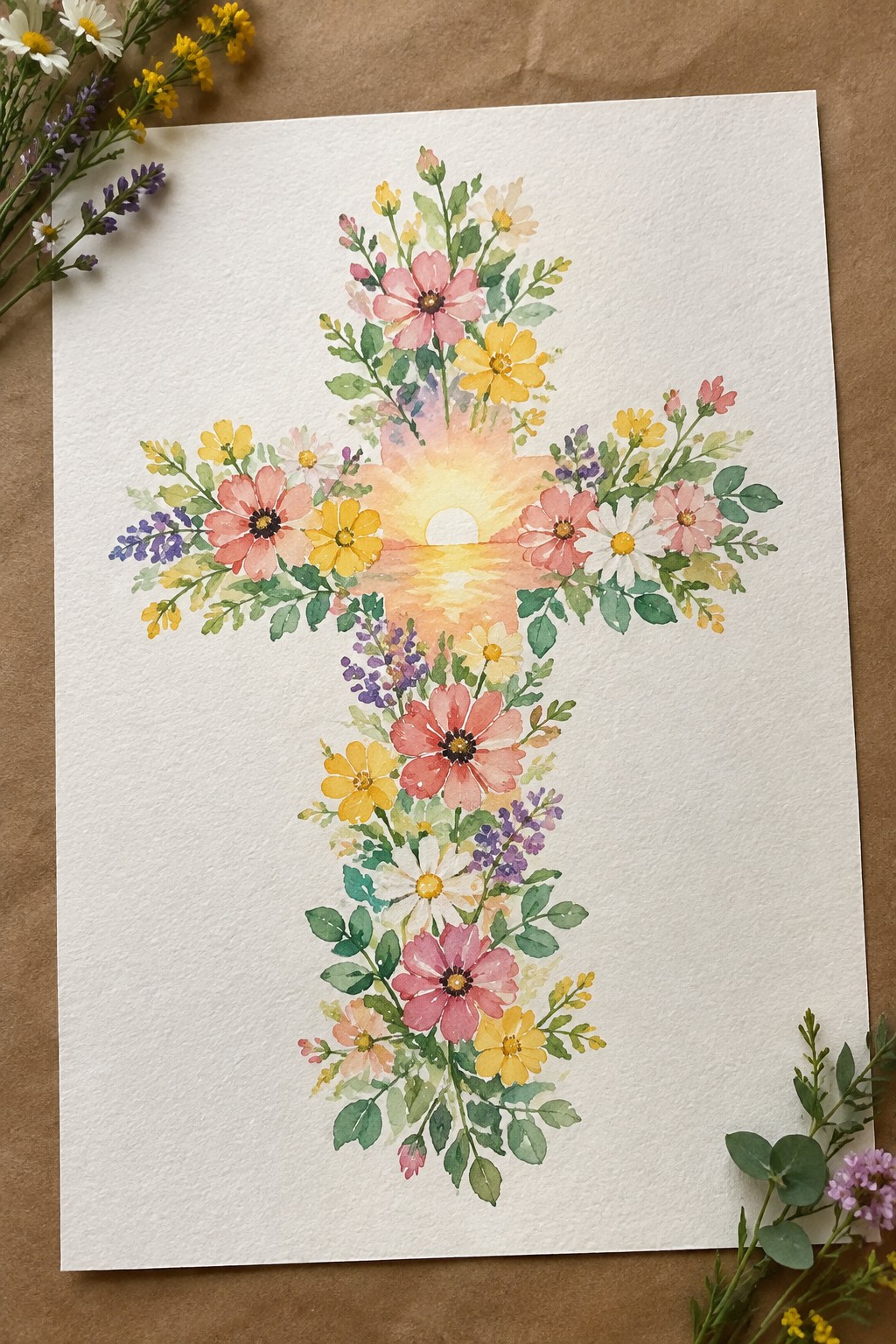 Watercolor floral cross with sunset over water, surrounded by real flowers on brown paper.