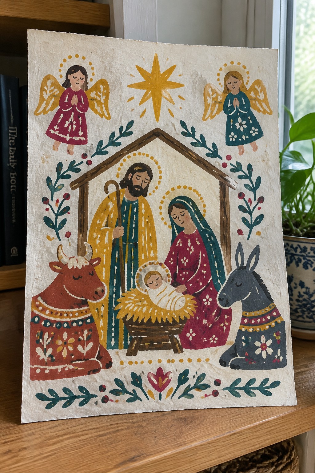 Watercolor nativity scene with Mary in red, Joseph in yellow, angels, ox, and donkey.