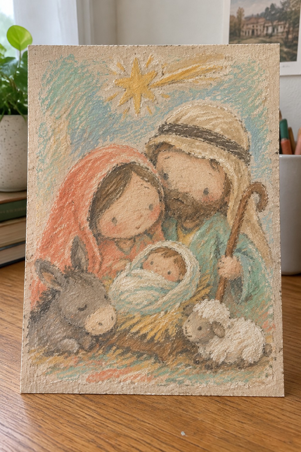 Pastel nativity with Mary in red veil, Joseph holding staff, swaddled baby, donkey, lamb and star