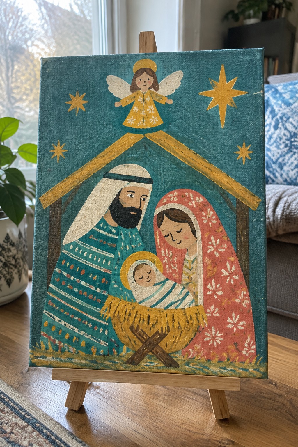 Folk art nativity painting with Mary in red veil, Joseph in teal, angel, and yellow star