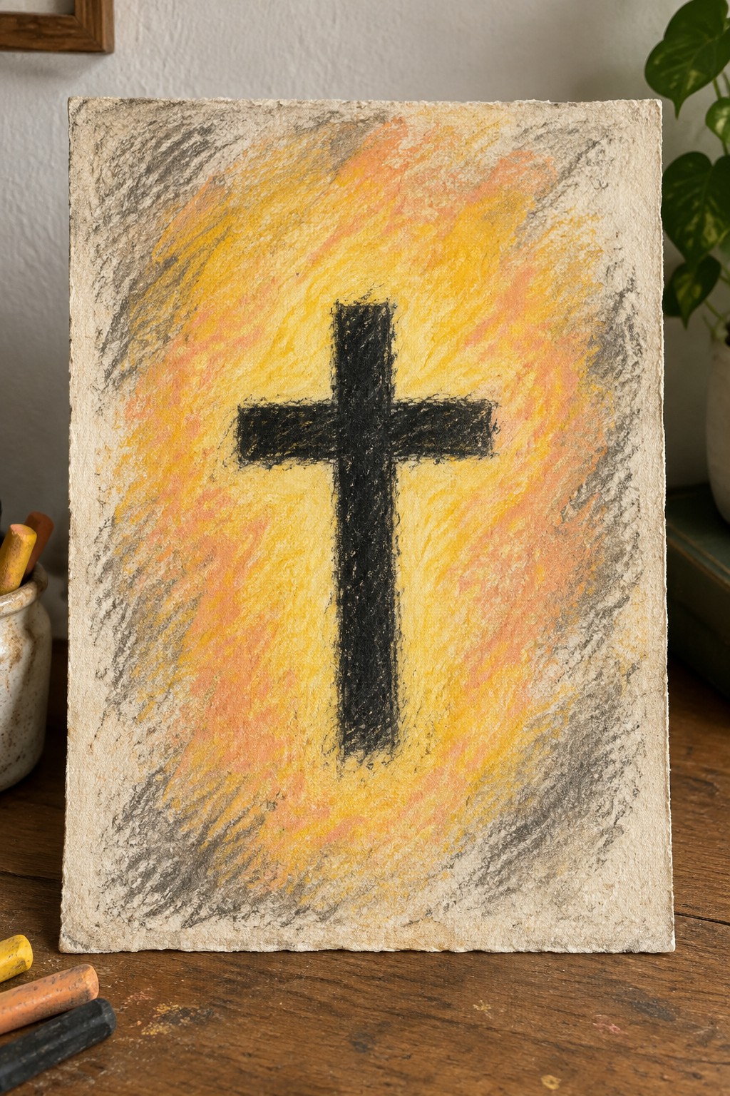Black cross centered on swirling yellow, orange, and pink pastels on textured paper