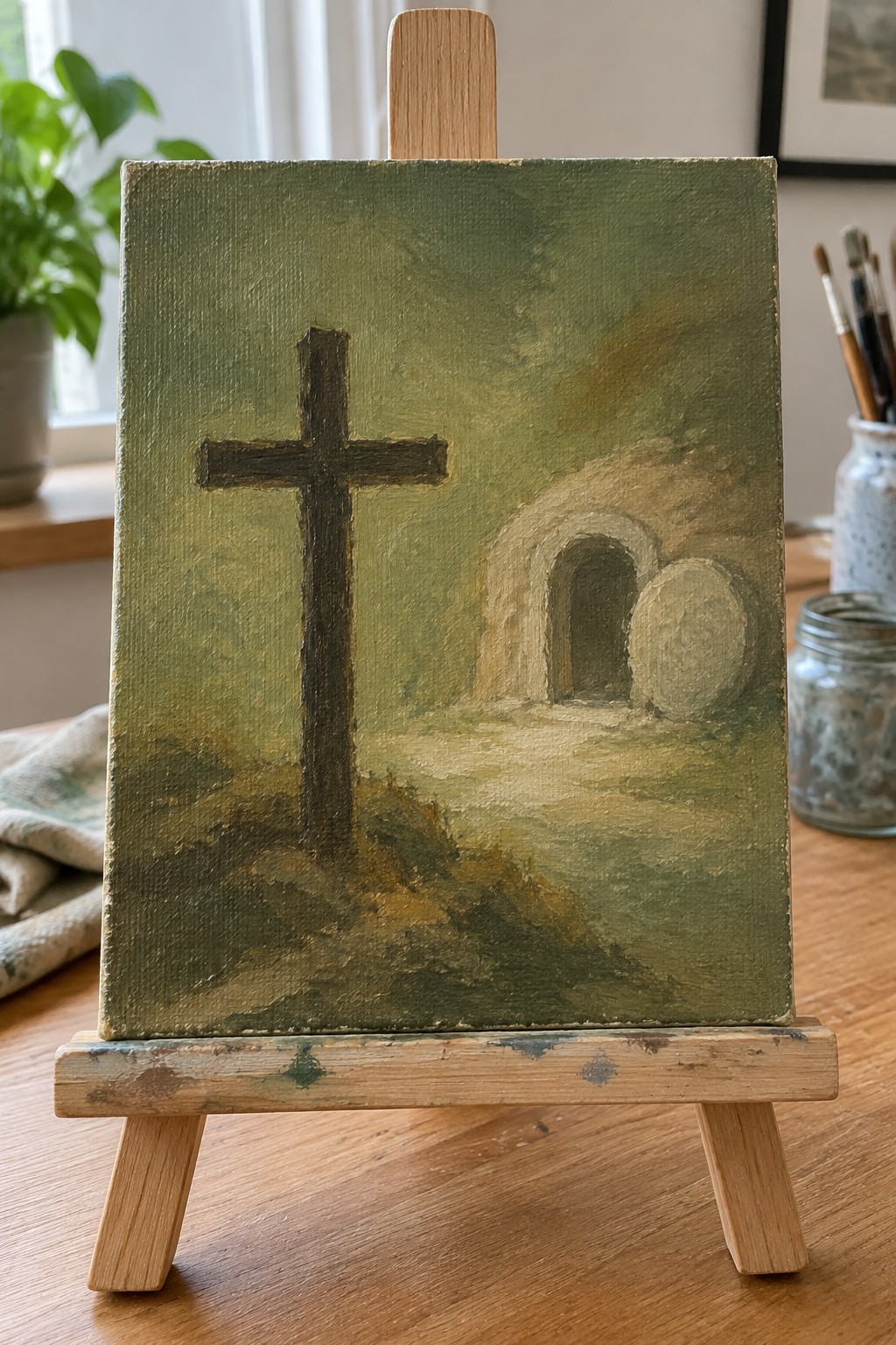 Green-toned painting on wooden easel shows cross beside empty stone tomb.